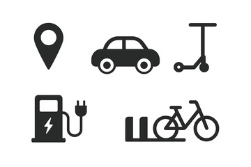 Modern Urban Mobility Icons: A Stylish Collection Representing City Transport Options Like Cars, Electric Charging, Location Pins, Bicycles, and Scooters on a Dark Background, Symbolizing Eco-Friendl