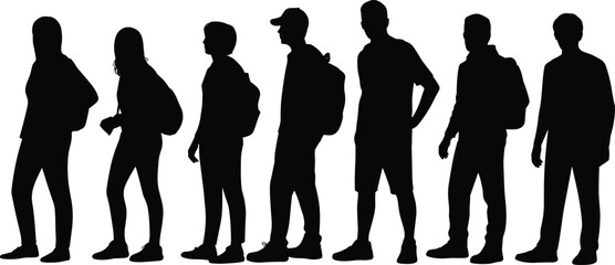 Silhouettes of diverse young people standing in a row, casual clothes, backpacks, outdoor lifestyle, urban fashion, friendship, modern youth, side profile, group pose