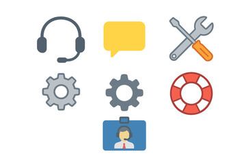 Diverse service and support icons: headset, gears, wrench, screwdriver, chat bubble, and lifebuoy, symbolizing customer care, technical assistance, and problem-solving solutions.
