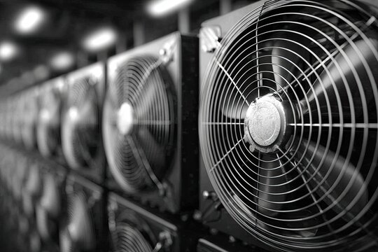 Close-up of many black computer fans
