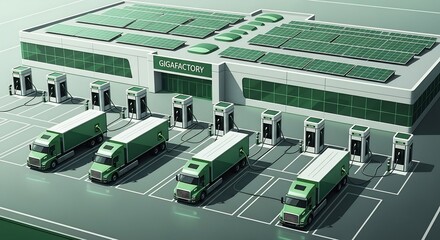 Electric Delivery Trucks Charging at Green Solar Powered Warehouse in Modern Eco-friendly Facility