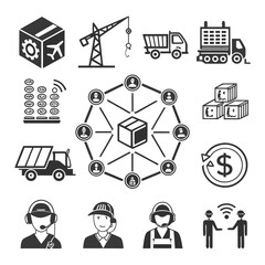 Business and industrial icons set featuring delivery, transport, box, package, cargo, shipping, crane, truck, support, wifi and more isolated on white background