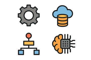 Obraz premium Modern Flat Design Icon Set: Business & Technology Concepts including Process Gear, Financial Cloud Storage, Workflow Flowchart, and AI Brain with Circuits for Digital Systems.