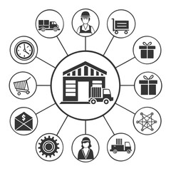 Illustration of logistic and supply chain management process with warehouse, truck, package, and other related icons isolated on white background