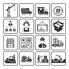 Construction and building industry icon set showing transport, delivery, shipping, logistic, warehouse, storage, worker, engineer, and manager isolated on white background