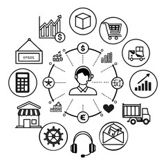 Icon set of business, construction, delivery and finance includes graph, box, calculator, truck, store, gear, heart, shop and star isolated on white background