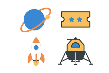 Stylized space icons: a glowing ringed planet, a launching rocket with fiery exhaust, a lunar lander, and a star-adorned ticket, set against a dark gradient background with captivating glowing effect