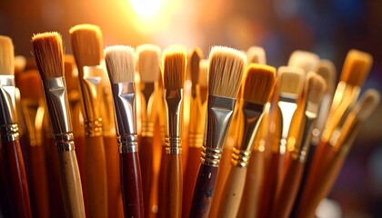Collection of assorted paintbrushes with visible bristles under warm light and blurred background.