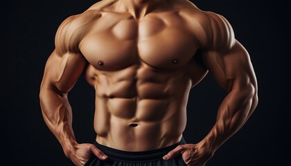 Obraz premium Muscular Male Fitness Model Displaying Defined Abs. Intense Athletic Figure Posed Against Black Background. Preview Of Powerful Physique.