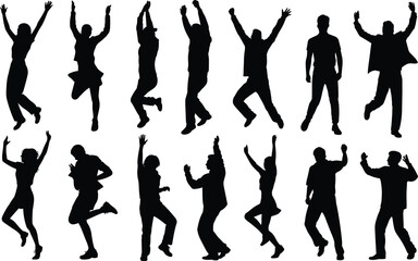 Silhouettes of happy diverse people jumping, dancing, celebrating, expressing joy, freedom, energy, movement, active lifestyle, fun, excitement, positive emotions, dynamic group activity