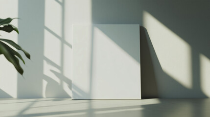 Fototapeta premium Blank white canvas stands against a textured wall with light and shadow from a window and a plant creating a serene interior scene