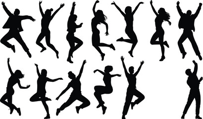 Silhouettes of joyful diverse people jumping, celebrating, expressing freedom, energy, happiness, movement, active lifestyle, fun, excitement, positive emotions, dynamic motion, group activity
