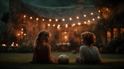 Two children sitting on grass with a soccer ball in backyard at evening with string lights on house.