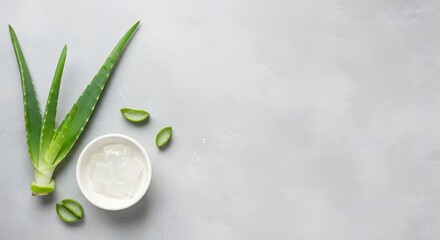 Fresh aloe vera leaves and extracted gel in a small bowl, ready for use.