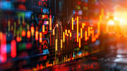 Fototapeta premium Dynamic stock market chart displaying fluctuating prices and trading volumes, symbolizing financial growth and investment opportunities. vibrant colors evoke sense of urgency and excitement