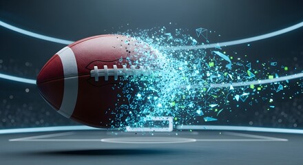 An American football digitally shatters into glowing blue and green geometric particles in a futuristic stadium.