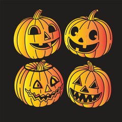Set of Four Jack‑O’-Lantern Pumpkins on Black — Halloween Vector