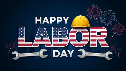 Happy labor day with american flag and hard hat