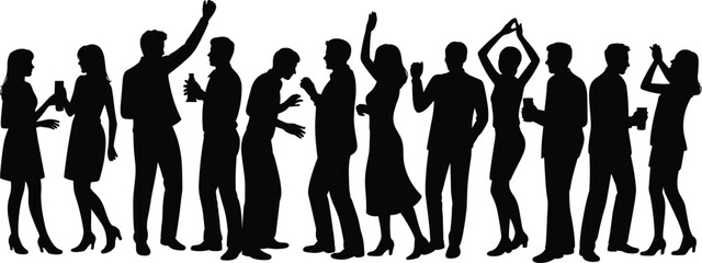 Silhouettes of people enjoying party, drinking, dancing, celebrating, nightlife fun, festive mood, group gathering, happy moments, social celebration.
