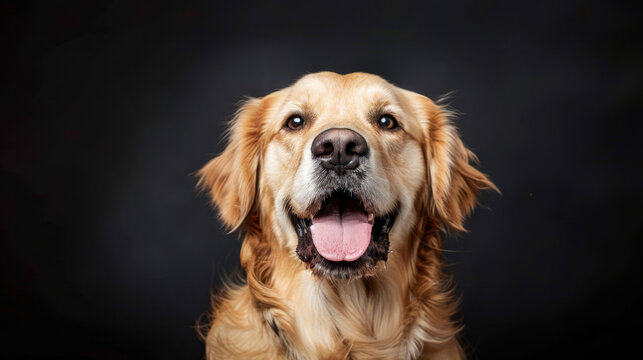 Happy golden retriever with joyful expression against dark background, showcasing its friendly demeanor and shiny fur. This captures essence of beloved pet - Powered by Adobe