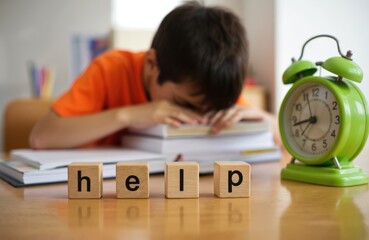 Young boy struggling homework. Child stressed with learning difficulties seeks help. Education problem. Wooden blocks say help. Green clock on desk. Mental health. School, home study.