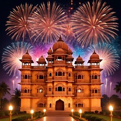 Fototapeta premium A grand Diwali fireworks display over an ancient palace, with the fireworks exploding in a myriad of colors above the intricately carved architecture. 