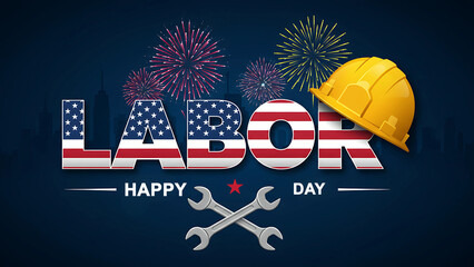 Happy labor day celebration with american flag and fireworks