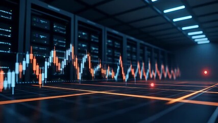 Dynamic stock market chart displayed on a futuristic server room floor, visualizing financial data and technological advancements - Powered by Adobe