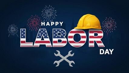 Happy labor day with american flag and construction elements