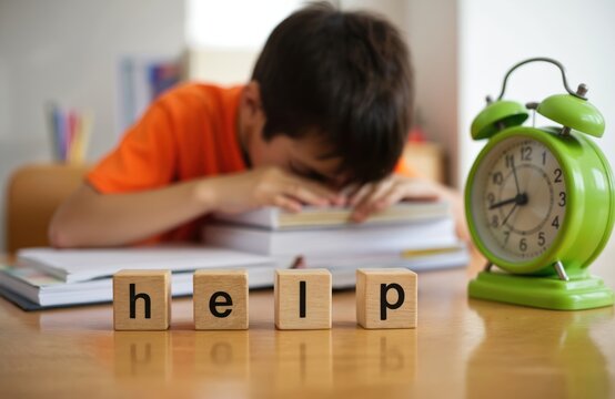 Young boy struggling homework. Child stressed with learning difficulties seeks help. Education problem. Wooden blocks say help. Green clock on desk. Mental health. School, home study.
