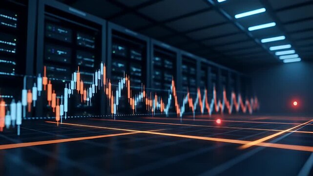 Dynamic stock market chart displayed on a futuristic server room floor, visualizing financial data and technological advancements - Powered by Adobe