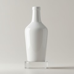 White ceramic bottle on a clear acrylic stand, product showcase concept with advertising display on a clean background.