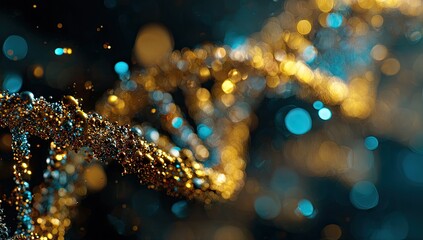 Golden DNA helix in motion, bokeh background