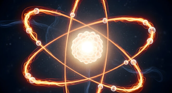 Dramatic Representation Of An Atom With Glowing Electrons In Orbit, Symbolizing Fundamental Principles Of Energy And Matter In Science And Physics