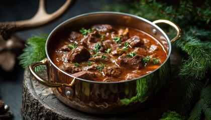 Hearty Venison Goulash Stew Cooked In A Copper Pot, Infused With Fresh Herbs, Adorned With Evergreen Sprigs And Deer Antlers.