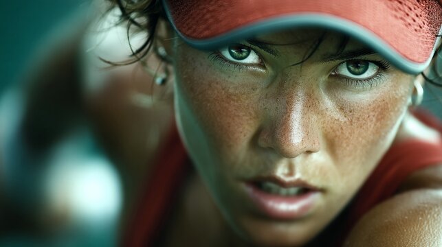 Closeup of a determined female athletes face, glistening with sweat, showcasing intense focus and dedication during a strenuous workout