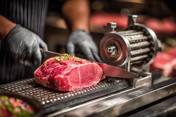 Chef in black gloves cuts a slab of fresh meat with a sharp knife, on a metal cutting board.  A meat slicer is in the background