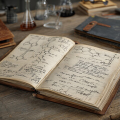 Open notebook filled with handwritten notes and chemical diagrams on a wooden desk, study concept