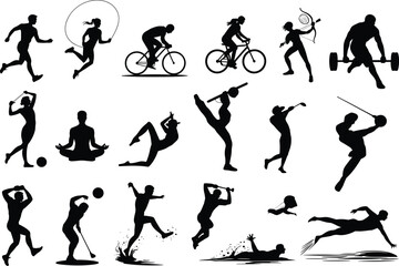 Silhouettes of various sports activities, including running, cycling, yoga, golf, swimming, weightlifting, martial arts, and archery for active lifestyle.