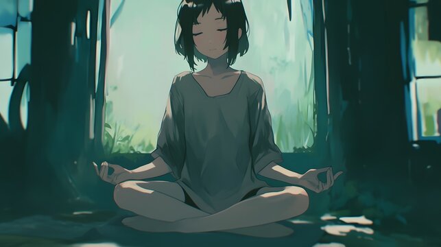 Anime character sitting cross-legged, immersed in quiet meditation in a peaceful space