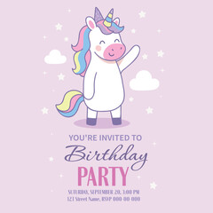Unicorn Invitation. A cute birthday invitation featuring a unicorn surrounded by clouds and stars. Pastel shades of purple, white and pink create a magical atmosphere for a children's party