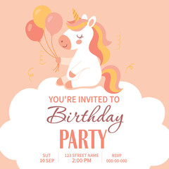Unicorn Invitation. Vector gentle birthday invitation with a unicorn on a cloud holding balloons. Pastel pink, white and gold shades create a magical atmosphere for a children's party