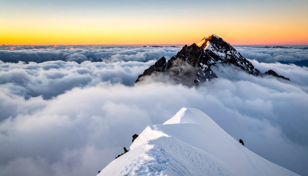 Majestic mountain peak above a sea of clouds at sunrise