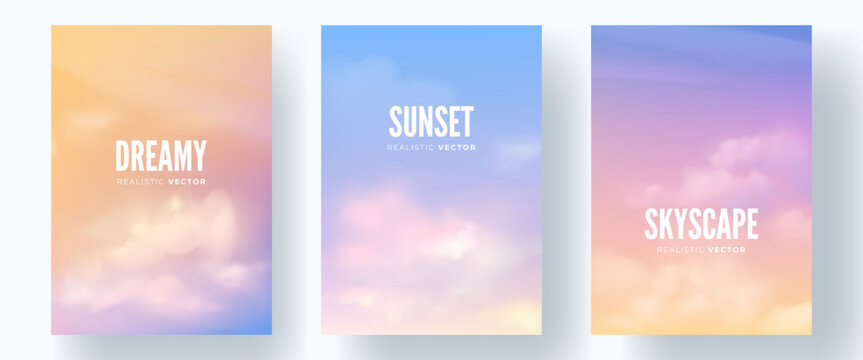 Set of realistic sky backgrounds. Bright sunset skyscapes with soft white clouds. Dreamy illustration, pastel sunrise view. Vector templates for cover, poster, banner, flyer, leaflet.