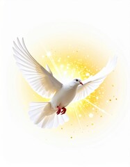 Fototapeta premium Symbolic serenity: A graceful dove soars amidst radiant golden light and bokeh