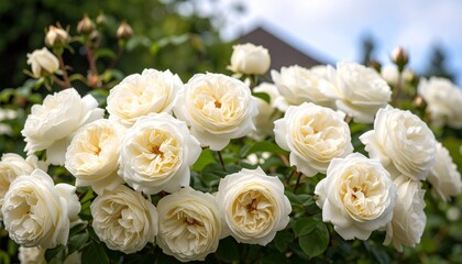 Picturesque garden with stone pathway, white rose-covered archway, lush greenery, and rustic stone building under cloudy sky.