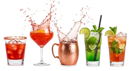 Colorful Cocktails with Splashing Liquid on White Background