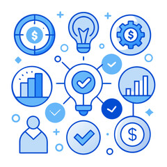 Conceptual illustration of business strategy and financial planning with icons representing ideas growth and success