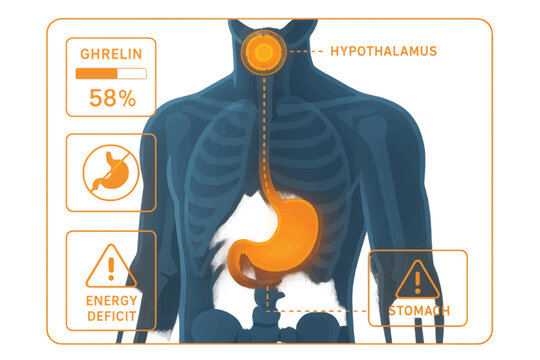 Vector medical diagram illustrating hunger signals via ghrelin hormone, stomach activity, and hypothalamus control suitable for EPS10 infographics.