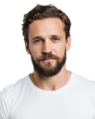 Obraz premium Portrait of a handsome man with a beard looking at the camera, isolated on a white background. Close-up view, studio shot, wearing a white t-shirt.